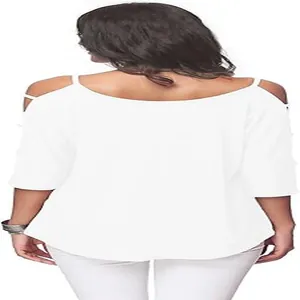 Back view of a white loose-fit cold-shoulder round-neck T-shirt with mid-length sleeves