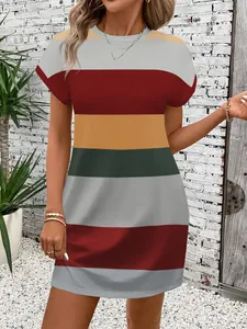 Stylish women's summer casual striped mini dress featuring a round neck and short cap sleeves