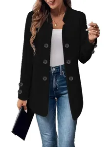 Stijlvolle zwarte getextureerde damesblazer met dubbele knopen voor herfst en winter