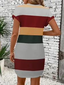 Back view of a casual striped round neck dress with colorful horizontal patterns