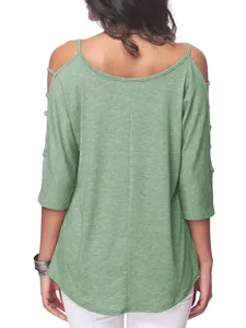 Detailed back view of a sage green cold-shoulder T-shirt featuring half-length sleeves