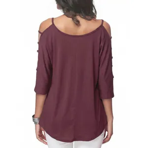 Detailed back view of a burgundy cold shoulder t-shirt with 3/4 sleeves and a scoop neckline