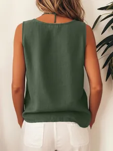 Detailed back view of a casual dark green sleeveless linen top for women in a comfortable loose fit