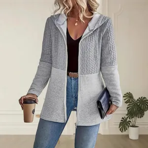 Damen Casual Patchwork Jacke mit Kapuze Kontrast Wellenförmige Textur Langarm Reißverschluss Oberbekleidung Loose Fit Mantel Top