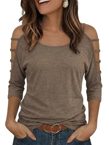 Women Cold Shoulder T-Shirt Polyester Round Neck Cutout Straps Half Sleeve Casual Loose Plain Summer Top For Ladies