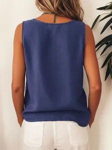 Back view of a stylish dark blue sleeveless linen vest top for women in summer
