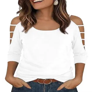 Women's white off-the-shoulder t-shirt with round neck and stylish cutout sleeve design.