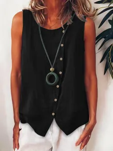 Close-up detail of women's stylish black sleeveless button-up loose casual vest top