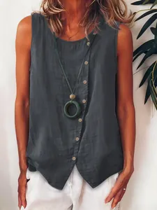 Casual dark grey sleeveless button-front tank top for women with loose fit linen texture