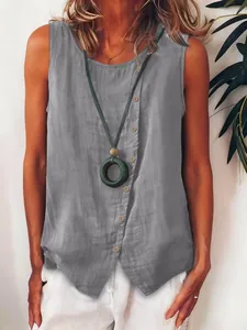 Close-up of grey sleeveless linen shirt with button detailing and asymmetrical hem