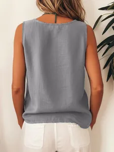 Back view of a casual gray sleeveless linen top for women shown in summer setting