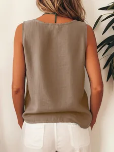 Detailed back view of a sleeveless casual summer blouse in earthy brown linen fabric.