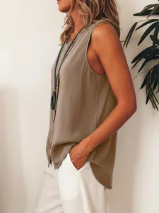 Side view of a casual brown sleeveless button-down shirt with a comfortable loose fit