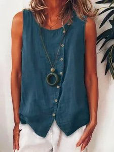 Sleeveless teal casual linen top featuring diagonal button details and a statement necklace.