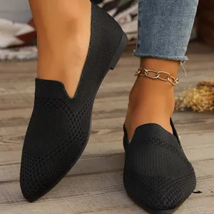 Chaussures plates noires respirantes à bout pointu en maille pour femme, style décontracté