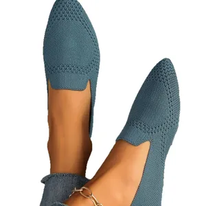 Mocassins plats à bout pointu pour femmes en maille respirante bleu-gris, chaussures de ville.