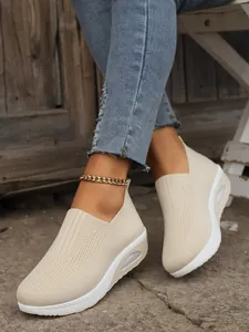 Beige breathable flyknit platform sneakers for women with cushioned soft sole