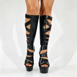 Sexy black platform knee-high gladiator boots with stiletto heels for stage and clubwear