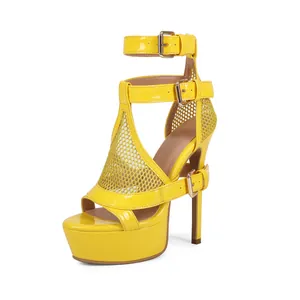 Sexy Gelbe Kunstleder Plateau Stiletto Sandalen Für Damen Römische Multi-Schnallen Riemchen High Heels Nachtclub Bühne Performance Schuhe