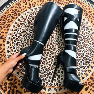 Sexy black faux leather high heel platform gladiator boots for nightclub performance