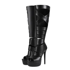 Sexy black platform stiletto knee-high gladiator sandals with cutout bandage design