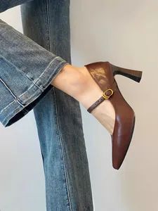 Close-up of brown leather Mary Jane pumps with vintage block heels and gold buckle