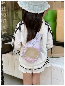 Sac de poitrine violet mignon pour enfant avec poche transparente à paillettes
