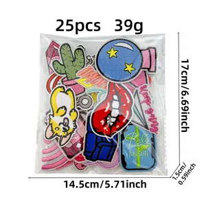 Detailed view showing dimensions and 25pcs quantity for cartoon embroidery iron-on patches set.