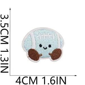 Detail view of a cute cartoon sport ball embroidered patch showing dimensions 3.5cm by 4cm