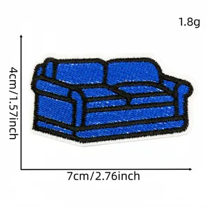 Detailed view of a blue sofa embroidered patch with dimensions 7x4cm and 1.8g weight.