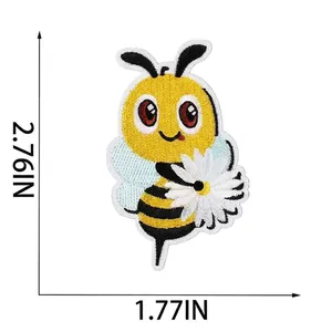 Close-up detail of cartoon bee embroidery patch with flower and size measurements