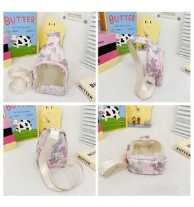 Vues détaillées du sac de poitrine rose pour enfants avec fenêtre à paillettes mobile