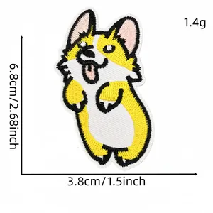Cute embroidered Corgi dog patch for clothing showing 6.8x3.8cm dimensions and 1.4g weight