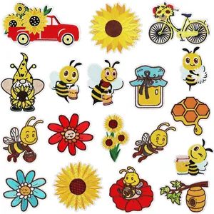 Sunflower Bee Embroidered Patch Set For Clothing Iron On Sew On Cartoon Bee Honeycomb Floral Decorative Patches For Backpack DIY Accessory