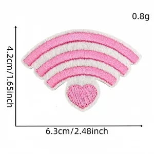 Detail view of a pink heart Wi-Fi embroidered patch showing its 6.3x4.2cm dimensions