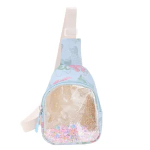 Sac de poitrine bleu à fleurs pour filles avec poche à paillettes