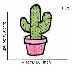 Detailed view of a green cactus embroidery patch with size dimensions 6.5cm x 4.1cm