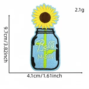 Sunflower mason jar embroidered patch detail view with size and weight dimensions