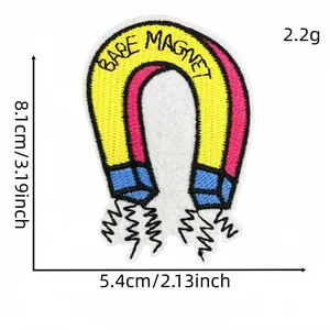 Detailed view of horseshoe magnet embroidery patch with Babe Magnet text and dimensions