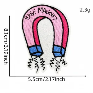 Close-up detail of Babe Magnet embroidered patch with size and weight measurements