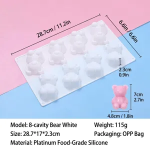 Abmessungen und Materialspezifikationen der 8-Loch Bären Silikonbackform für die Küche