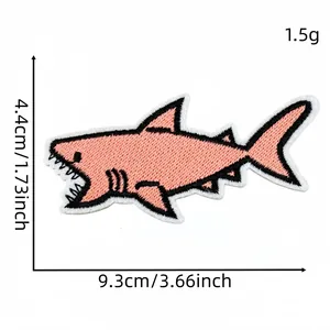 Pink embroidered shark patch with dimensions 9.3x4.4cm for DIY clothing decoration