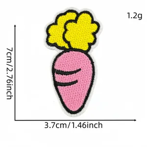 Detail of cute carrot embroidery patch showing size 7cm x 3.7cm and weight 1.2g.