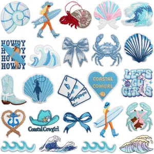 Blue Ocean Theme Embroidered Patches Surf Girl Sea Wave Crab Shell Iron On Sew On Appliques For Clothing DIY Decoration