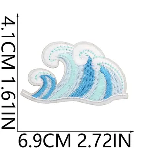 Detailed view of blue ocean wave embroidery patch showing 6.9cm width and 4.1cm height