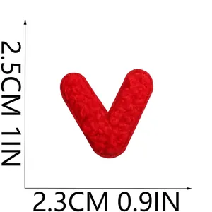 Detailed view of red chenille letter V embroidery patch with size markings in CM and IN