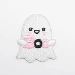 Detailed size specifications for cute Halloween ghost embroidery patch with pink BOO text