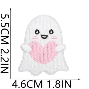 Size detail of cute Halloween ghost embroidery patch with pink heart, 5.5x4.6 cm