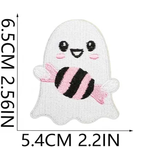 Cute Halloween ghost embroidery patch with candy design and size dimensions shown.