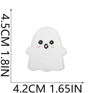 Close-up of white Halloween ghost embroidery patch with 1.8x1.65 inch dimensions
